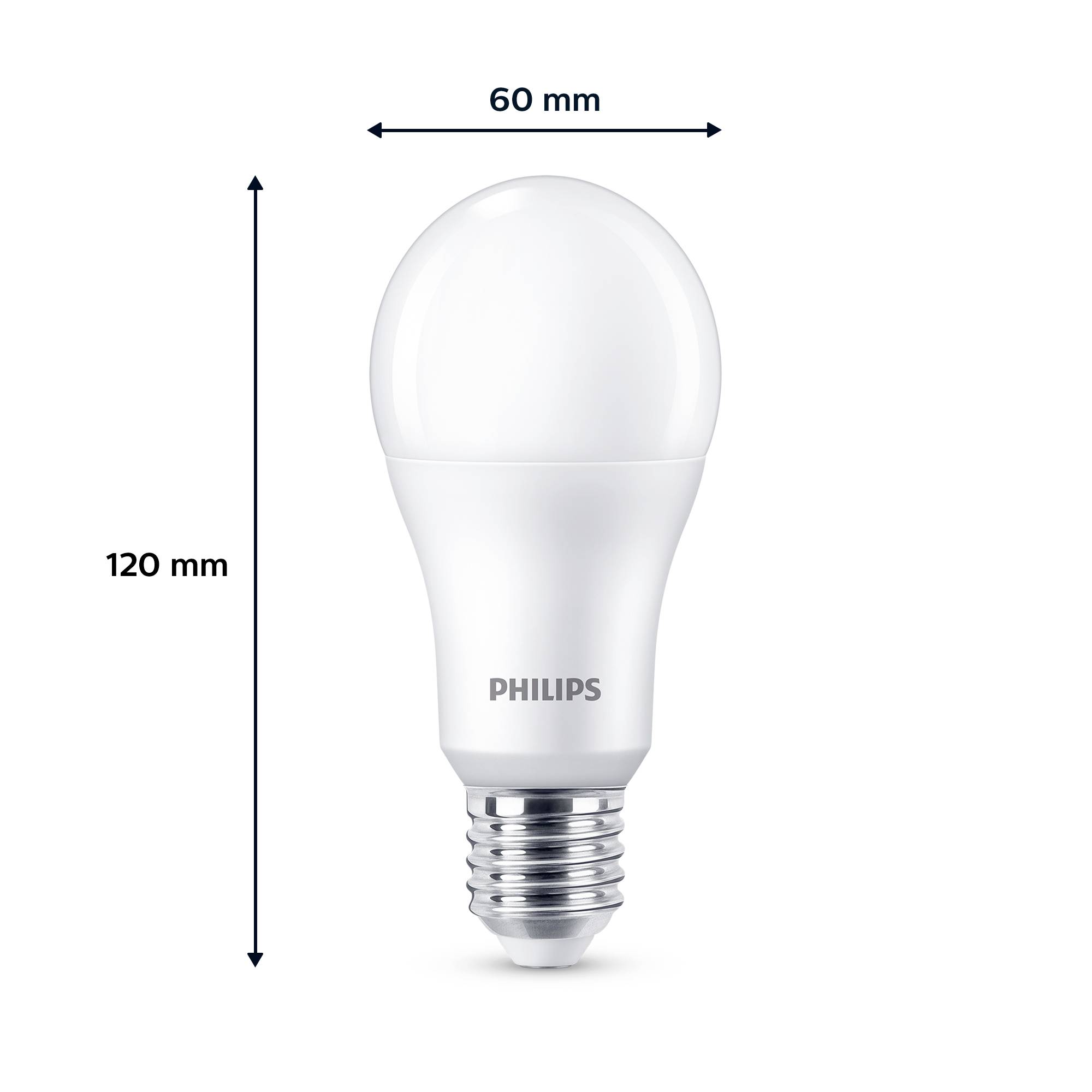 LED-Glühbirne von Philips mit E27-Fassung, 120 mm hoch und 60 mm breit, ideal für Standardleuchten geeignet.