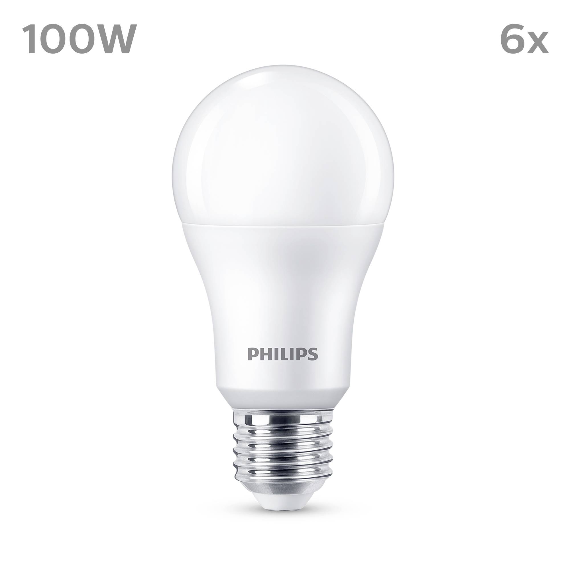 LED-Glühbirne von Philips, 100W, weiße Fassung, abgebildet vor weißem Hintergrund; Set mit 6 Stück.
