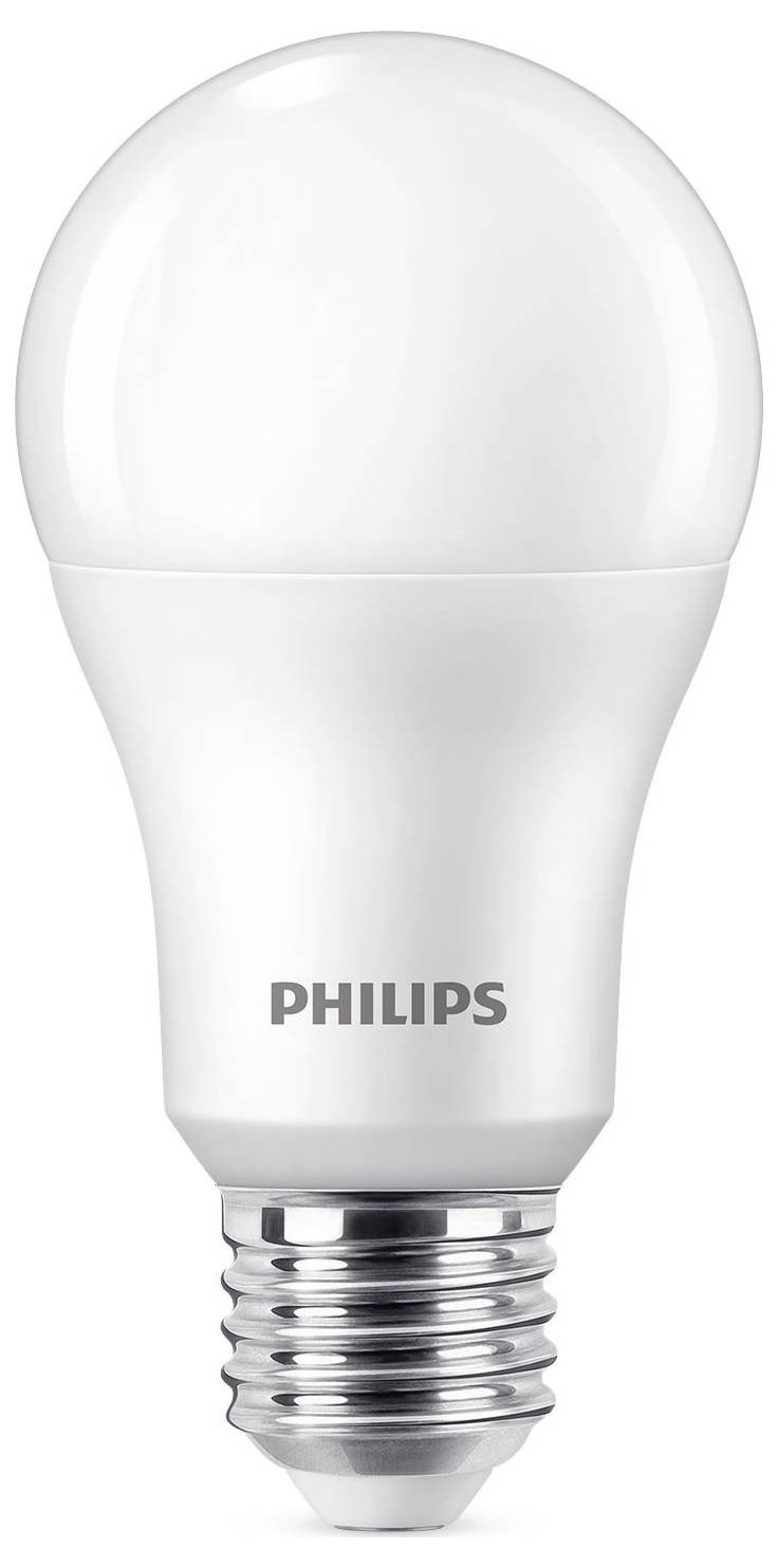 Eine LED-Glühbirne der Marke Philips mit E27-Fassung, abgerundeter Form und weißem Gehäuse. Geeignet für energieeffiziente Beleuchtung.