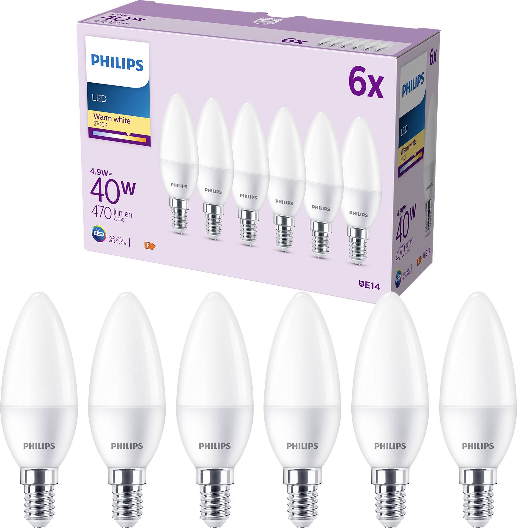 Philips LED 9290035411 LED EEK F (A - G) E14 Kerzenform 4.9W = 40W Warmweiß (Ø x L) 35mm x 106mm 6St.