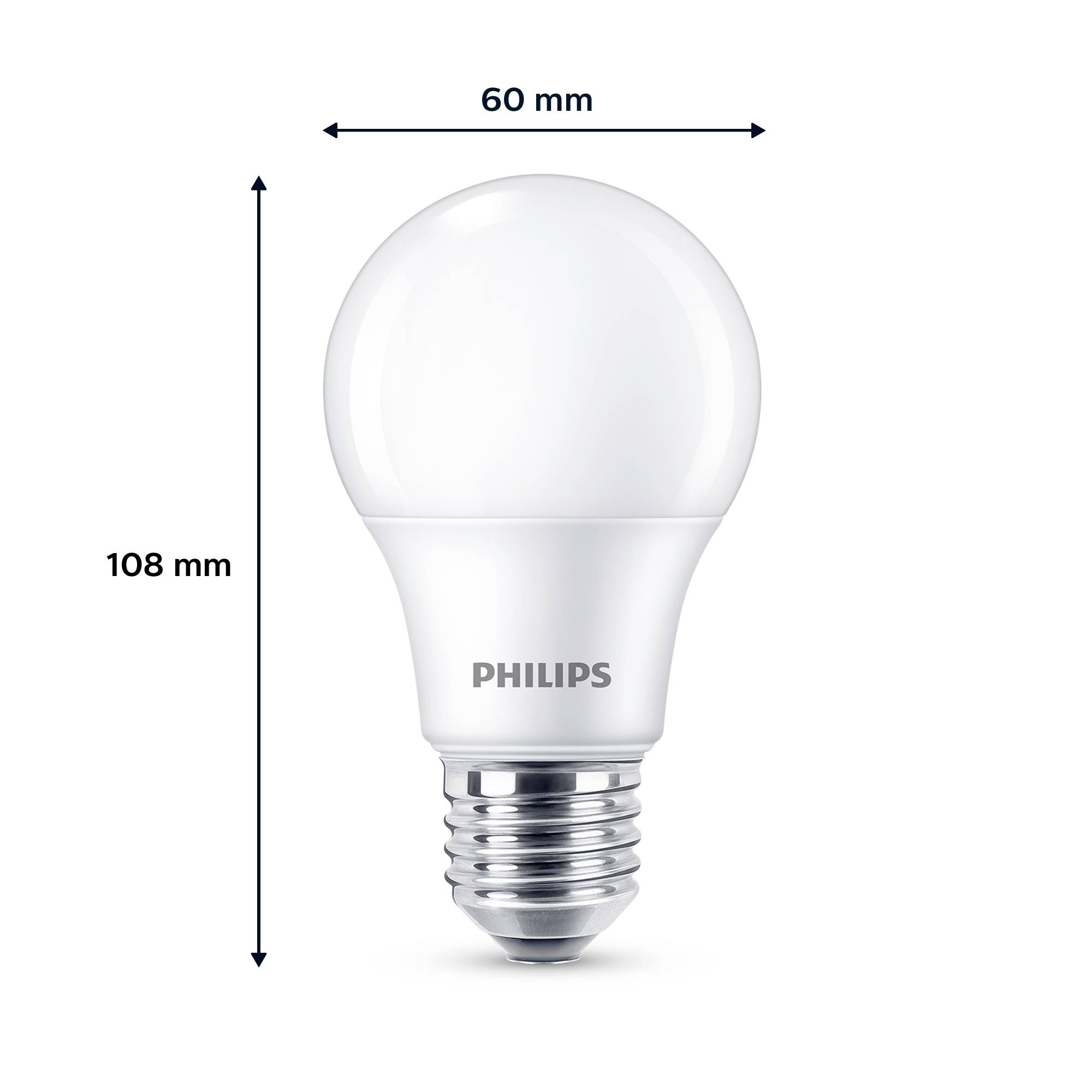 Eine Glühbirne der Marke Philips, 108 mm hoch und 60 mm breit.