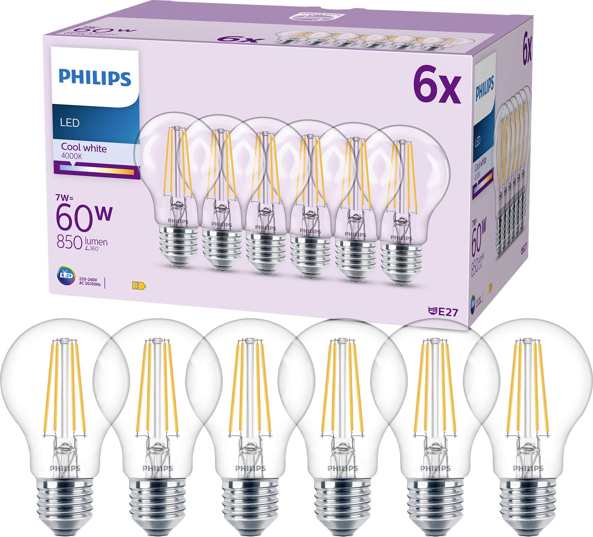 Sechs Philips LED-Glühbirnen, 7W, 60W Äquivalent, 850 Lumen, E27 Sockel, kühles Weißlicht, Verpackung im Hintergrund.