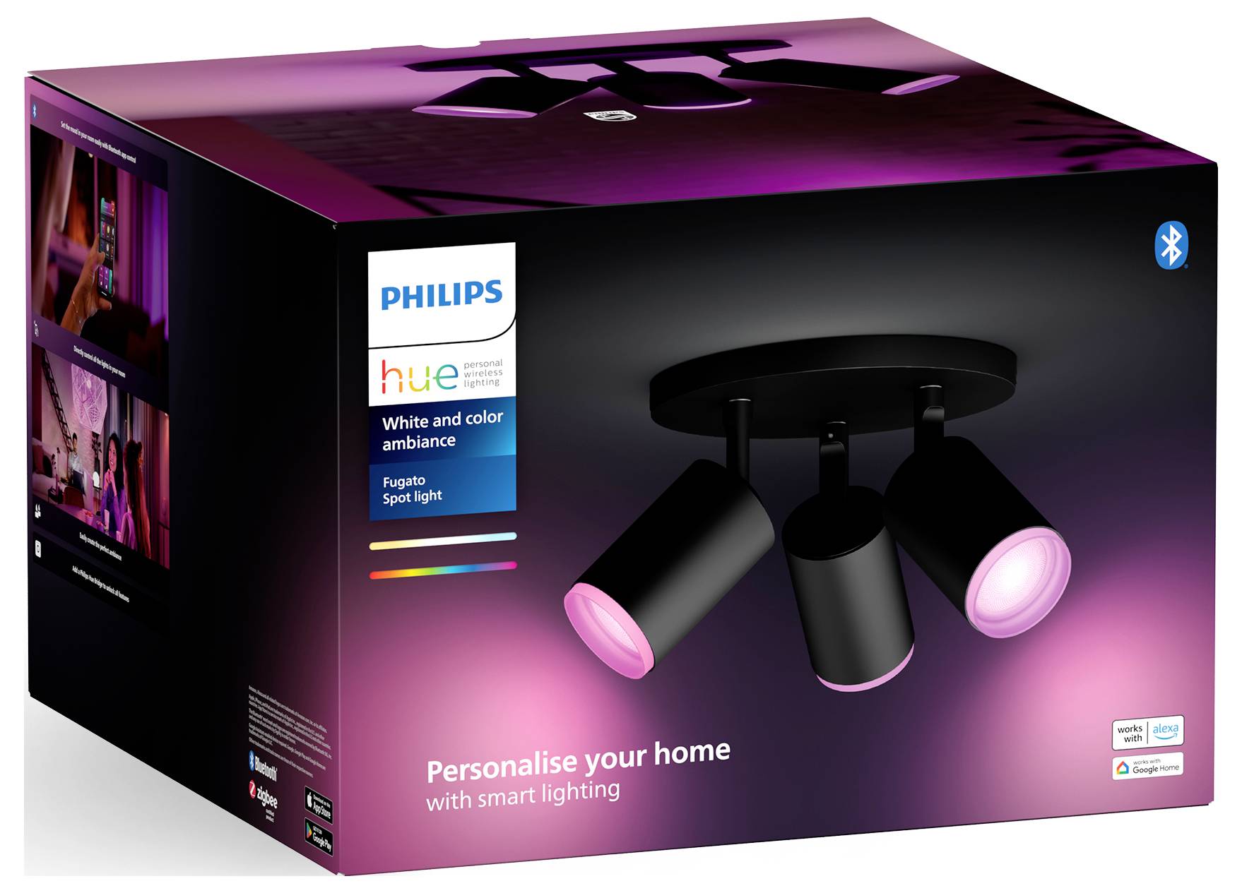 Schwarze Philips Hue LED-Deckenspots auf einer Verpackung. Text: 'Personalise your home with smart lighting'.