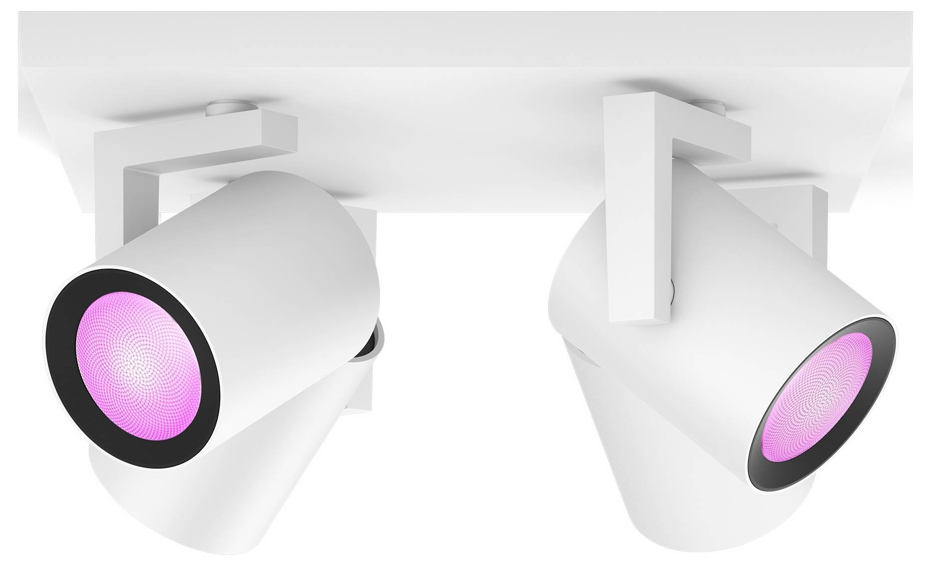 Zwei weiße Strahler an einer Deckenhalterung leuchten mit rosa Licht. Beleuchtungssystem, modern und minimalistisch gestaltet.