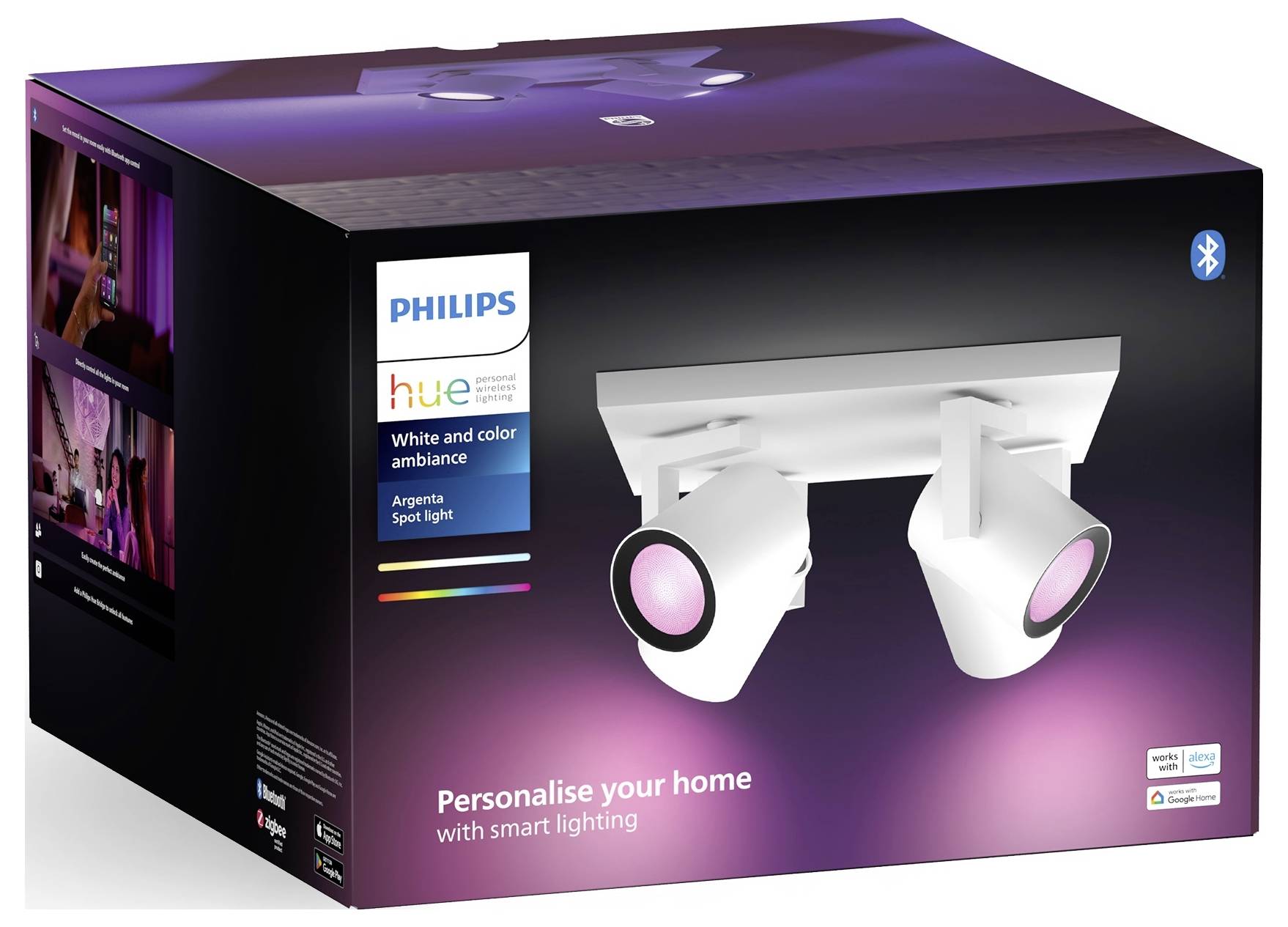 Verpackung einer Philips Hue LED-Spotleuchte mit zwei Strahlern. Aufdruck: 'Personalise your home with smart lighting'.