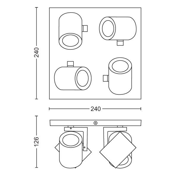 Technische Zeichnung eines quadratischen Deckenstrahlers mit vier runden Lampen, Maßangaben: 240x240 mm, Höhe 126 mm.