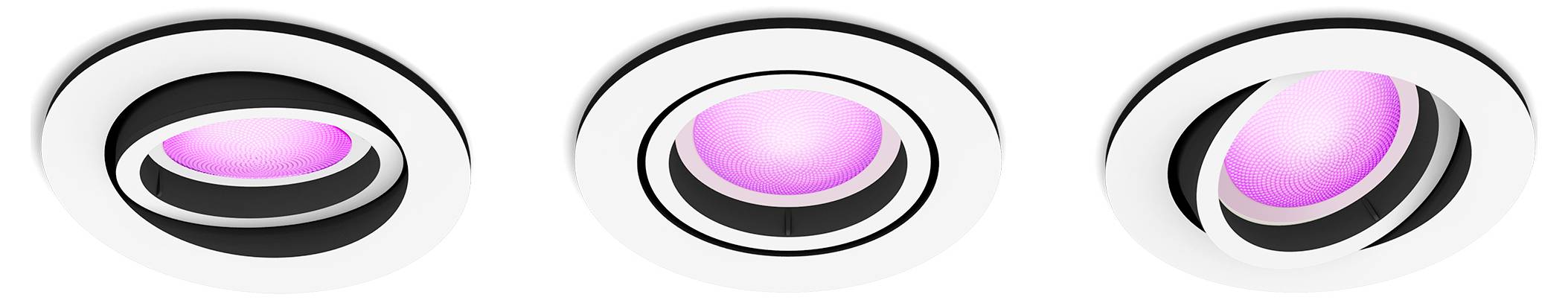 Drei runde Einbaustrahler mit pinkem Licht in einer weißen Halterung, angeordnet in einer horizontalen Linie.