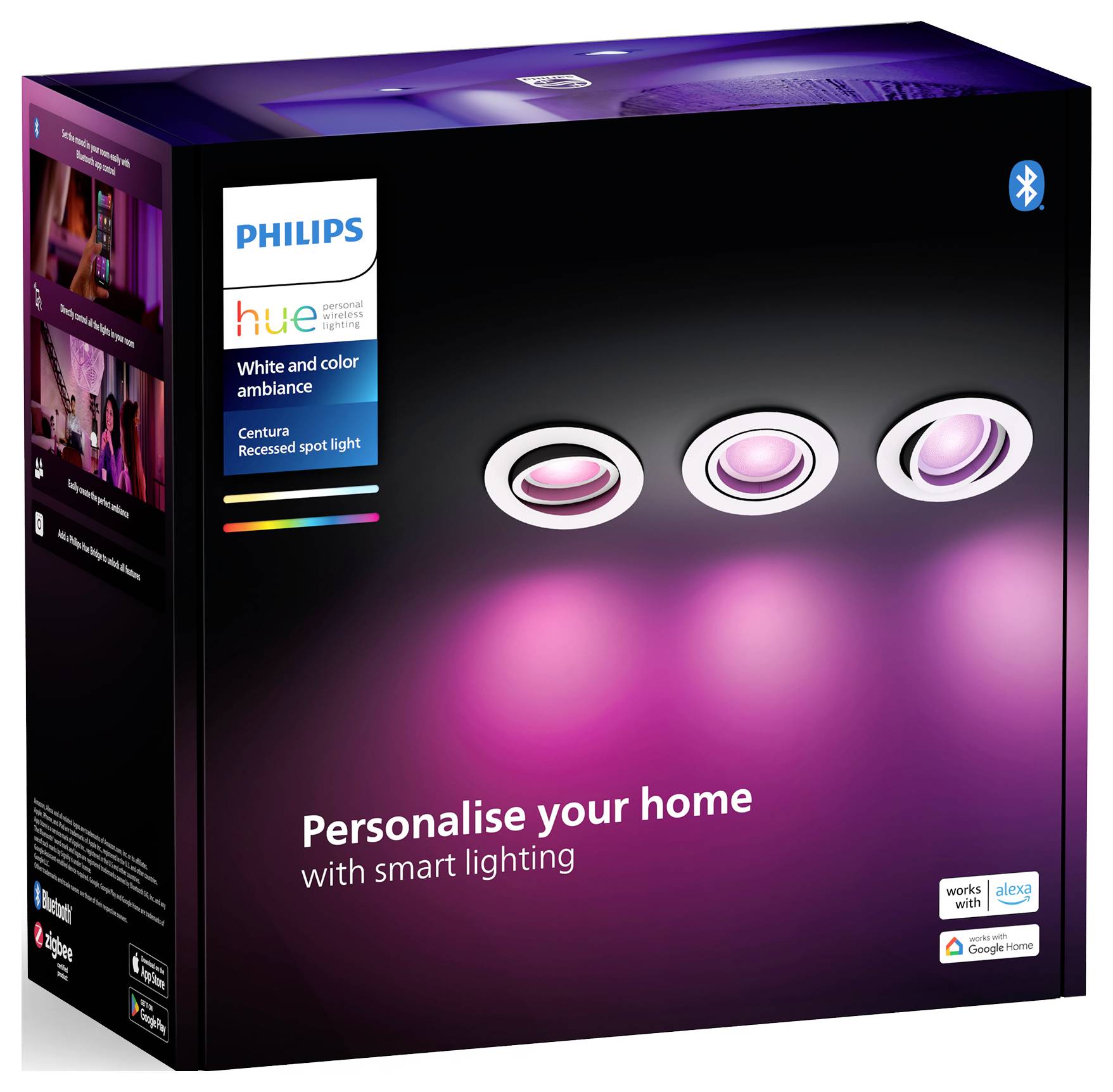 Dreierpack von Philips Hue Einbaustrahlern mit Farb- und Weißlichtoptionen, kompatibel mit Alexa und Google Assistant.