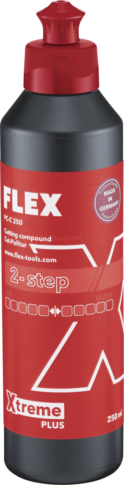Schwarze Flasche mit rotem Etikett, darauf steht 'FLEX', '2-step', 'Xtreme PLUS', 250 ml. Oberer Teil der Flasche ist rot.