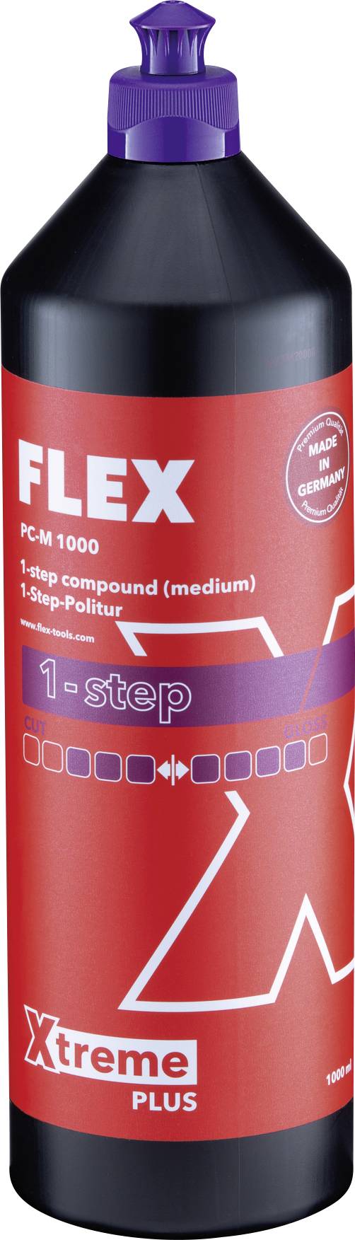 Flasche mit rotem Etikett der Marke 'FLEX', PC-11100, 1-Step-Politur. Made in Germany. 1-Liter-Flasche mit Schraubverschluss.