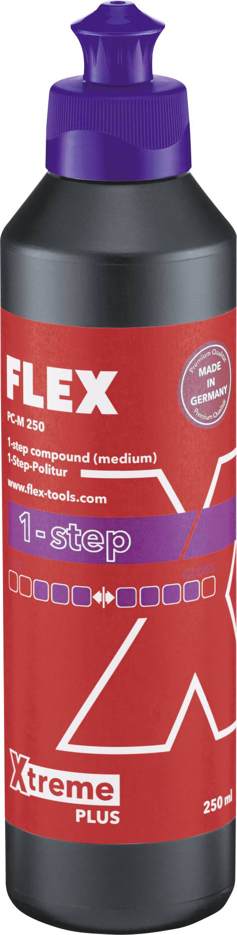 'FLEX' Flasche mit Poliermittel, 250 ml, rot-schwarz. Aufschrift: '1-step', hergestellt in Deutschland.