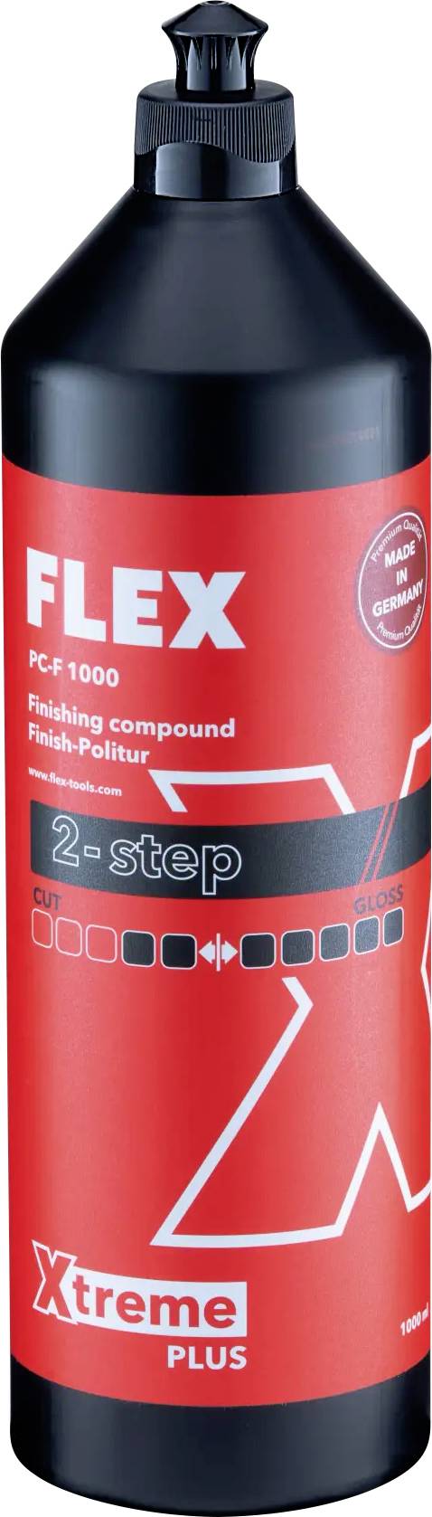 FLEX Xtreme Plus PC-15: Politur-Flasche mit schwarzem Verschluss und rotem Etikett, hervorgehobene 2-step Politur für glänzende Oberflächen.