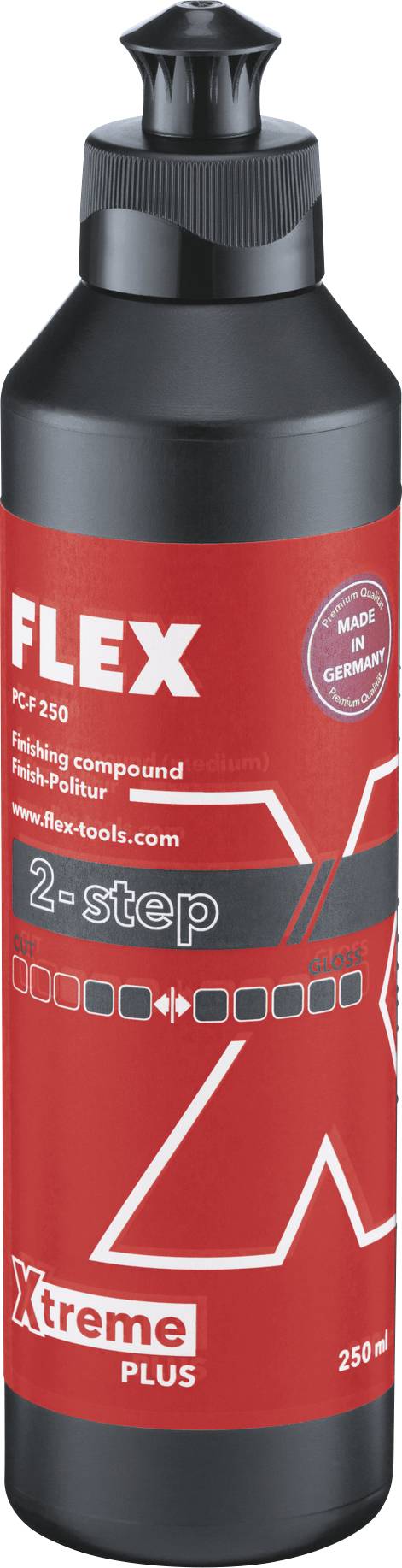 Flasche mit Poliermittel 'FLEX PF 250', 250 ml, in Rot mit schwarzem Verschluss. Aufschrift: 'Made in Germany', '2-step', 'Xtreme Plus'.