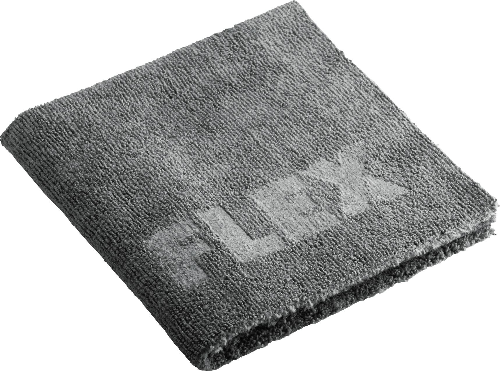Graues Handtuch mit eingesticktem 'FLEX'-Schriftzug, gefaltet und flach liegend.