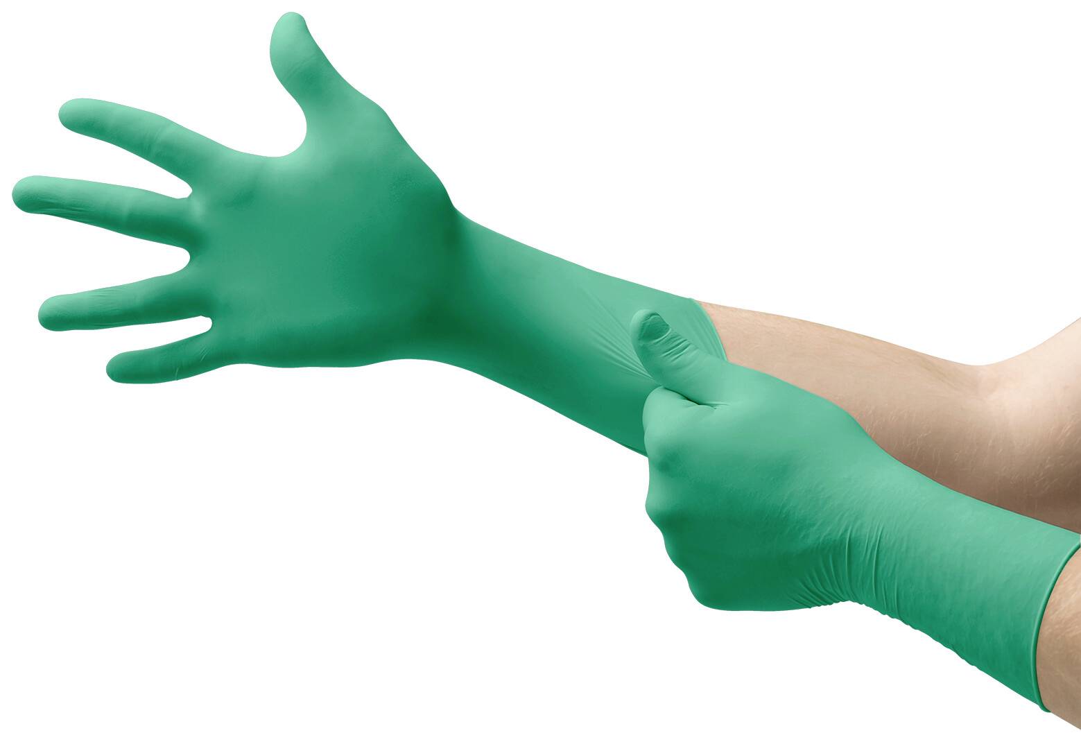 Eine Hand zieht einen grünen Einweghandschuh an.