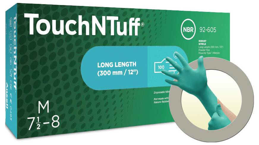 Verpackung grüner Handschuhe der Marke 'TouchNTuff', Größe M, 300 mm lang, NBR-Material. Ein Bild zeigt die Handschuhe angezogen.