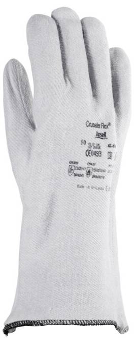 Ein grauer Schutzhandschuh mit aufgedruckten Sicherheitszertifizierungen. Wird zum Handschutz bei industriellen oder manuellen Arbeiten verwendet.