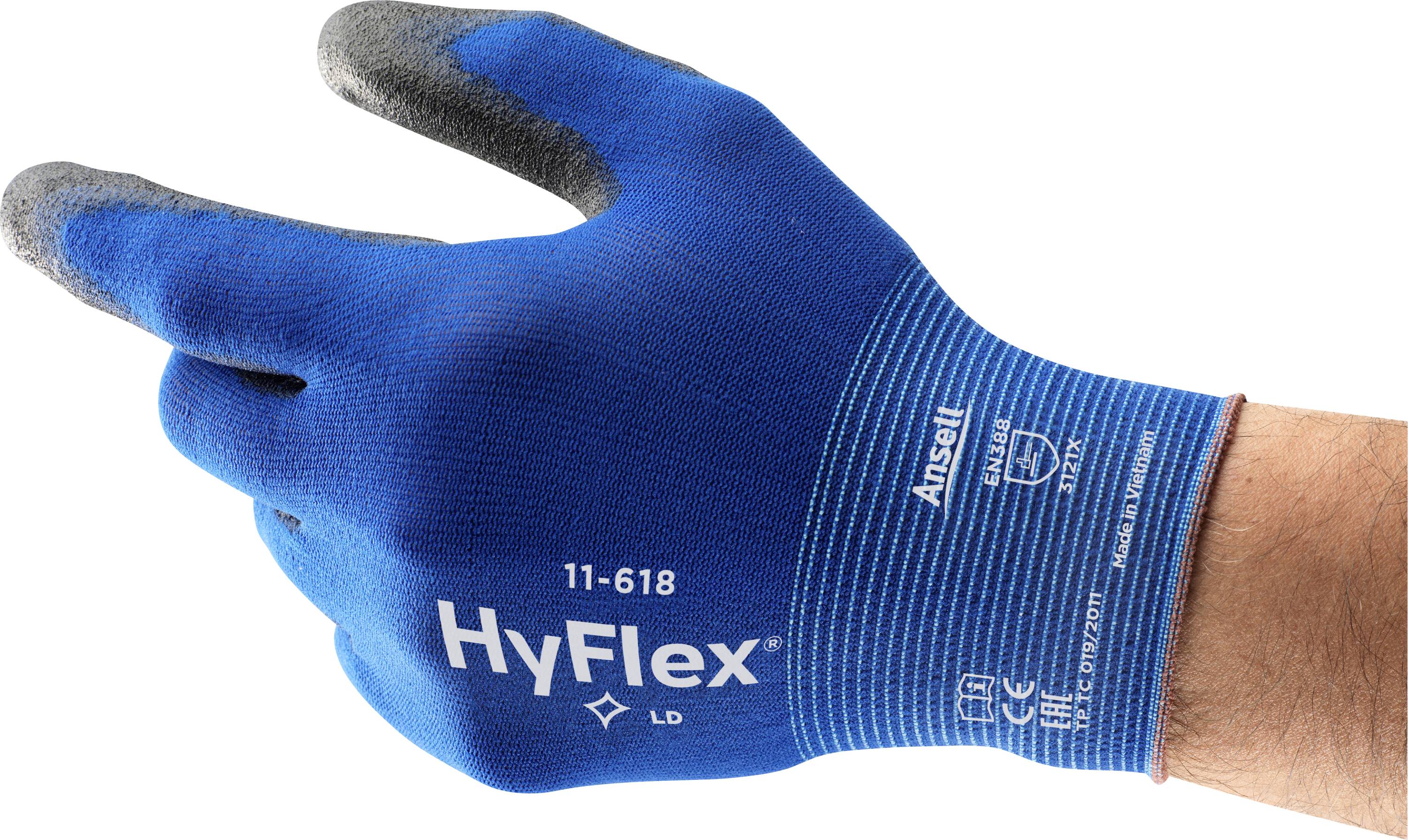 Eine Hand trägt einen blauen Arbeitshandschuh der Marke HyFlex, Modell 11-618, geeignet für feine Arbeiten und bietet leichten Schutz.