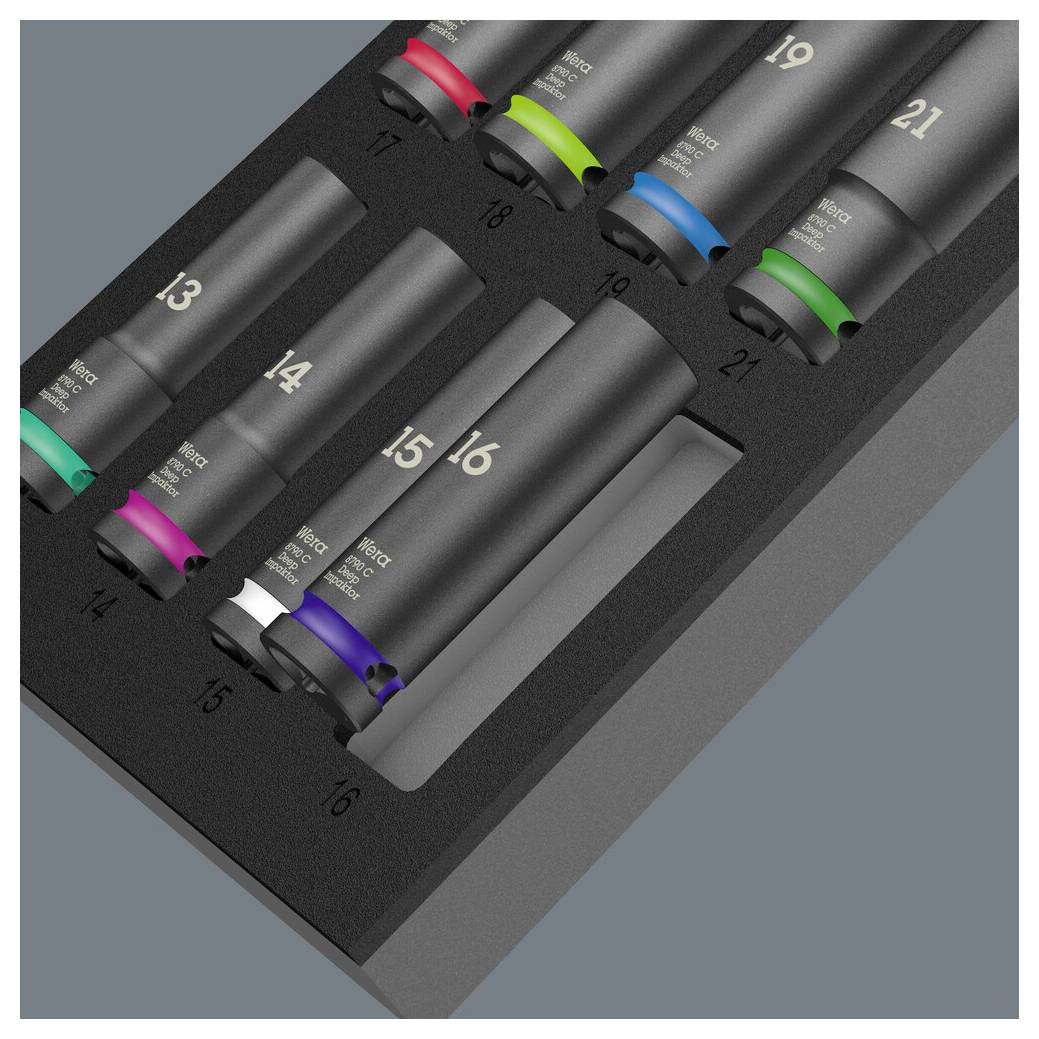 Set von Markern in verschiedenen Farben, nummeriert von 13 bis 21, präsentiert in einer schwarzen Schaumstoffbox.
