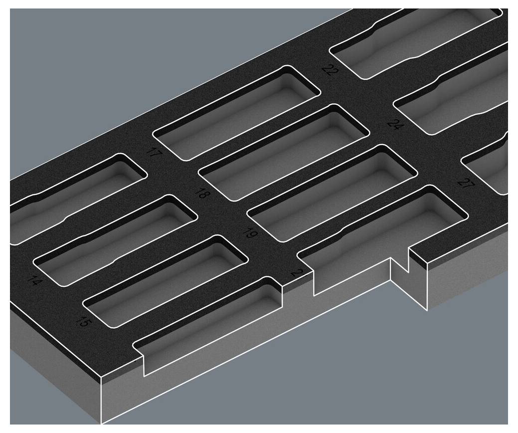 Ein rechteckiges, schwarzes Raster mit nummerierten Aussparungen, nummeriert von 17 bis 27, vor grauem Hintergrund.