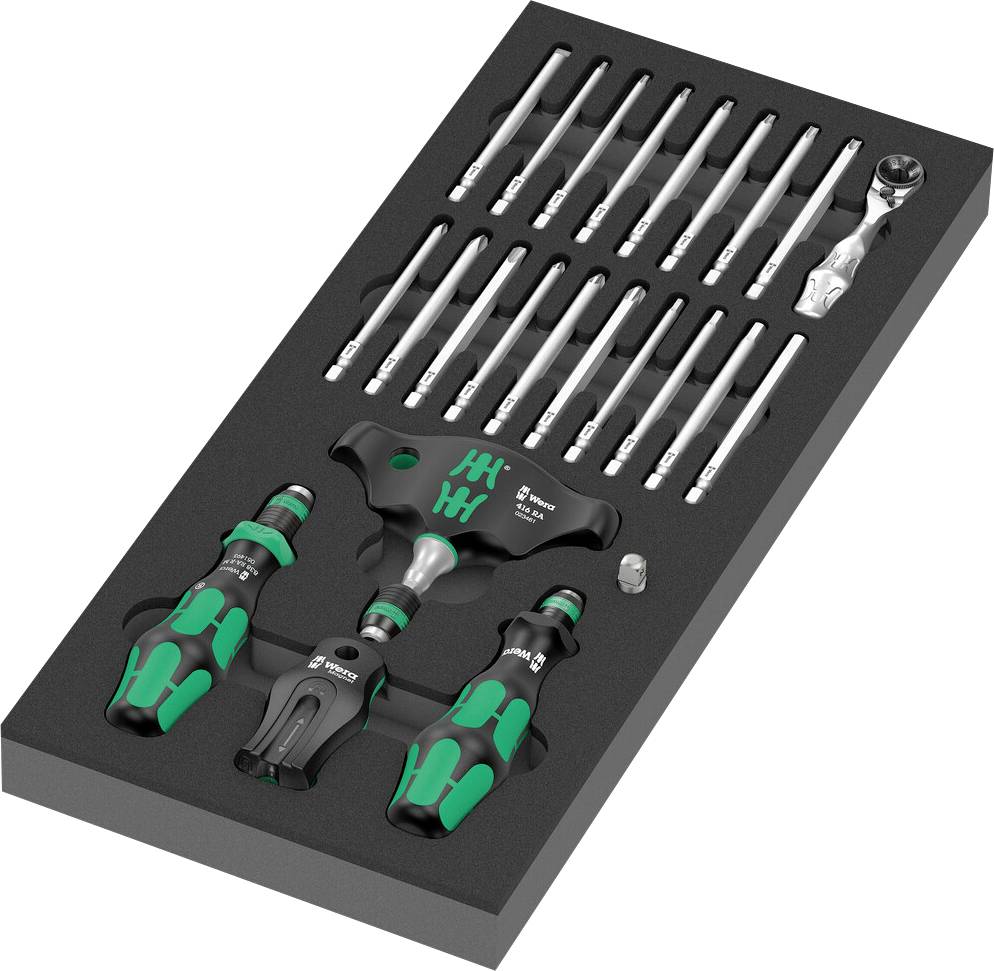 Schraubendreher-Set mit mehreren Bits in schwarzem Schaumstoff-Organizer. Enthält verschiedene Schraubendreherarten und -größen.