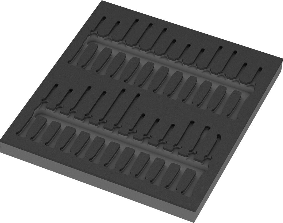 Schwarzes Schaumstoff-Inlay mit mehreren fächerartigen Aussparungen, geeignet zur sicheren Aufbewahrung oder Präsentation kleiner Gegenstände.