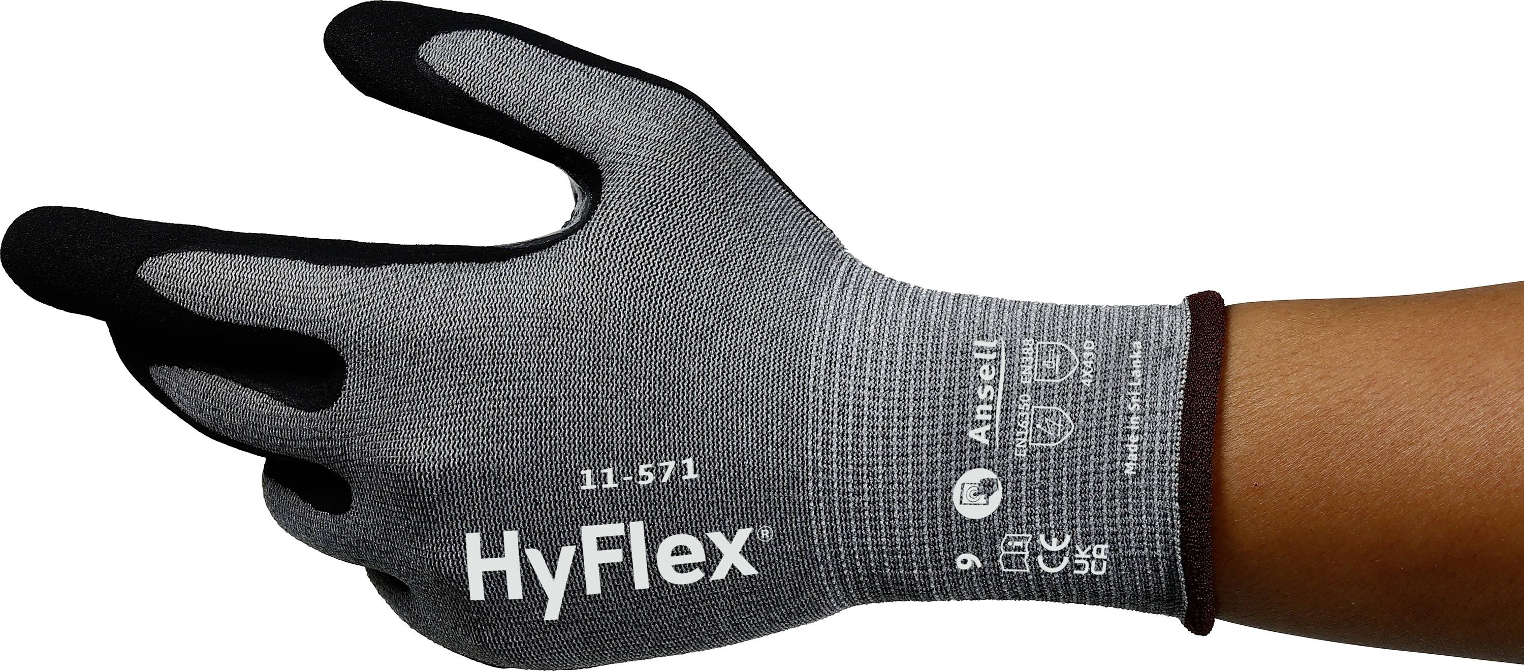 Ein linker Handschuh aus grauem Stoff mit schwarzen Fingerspitzen. Aufschrift 'HyFlex' und 'Ansell' mit Produktinformationen.
