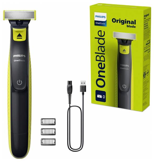 'Philips OneBlade Rasierer' mit drei Klingenaufsätzen, USB-Ladekabel und Verpackung. Innovatives Rasurfunktion für präzise Bartpflege.