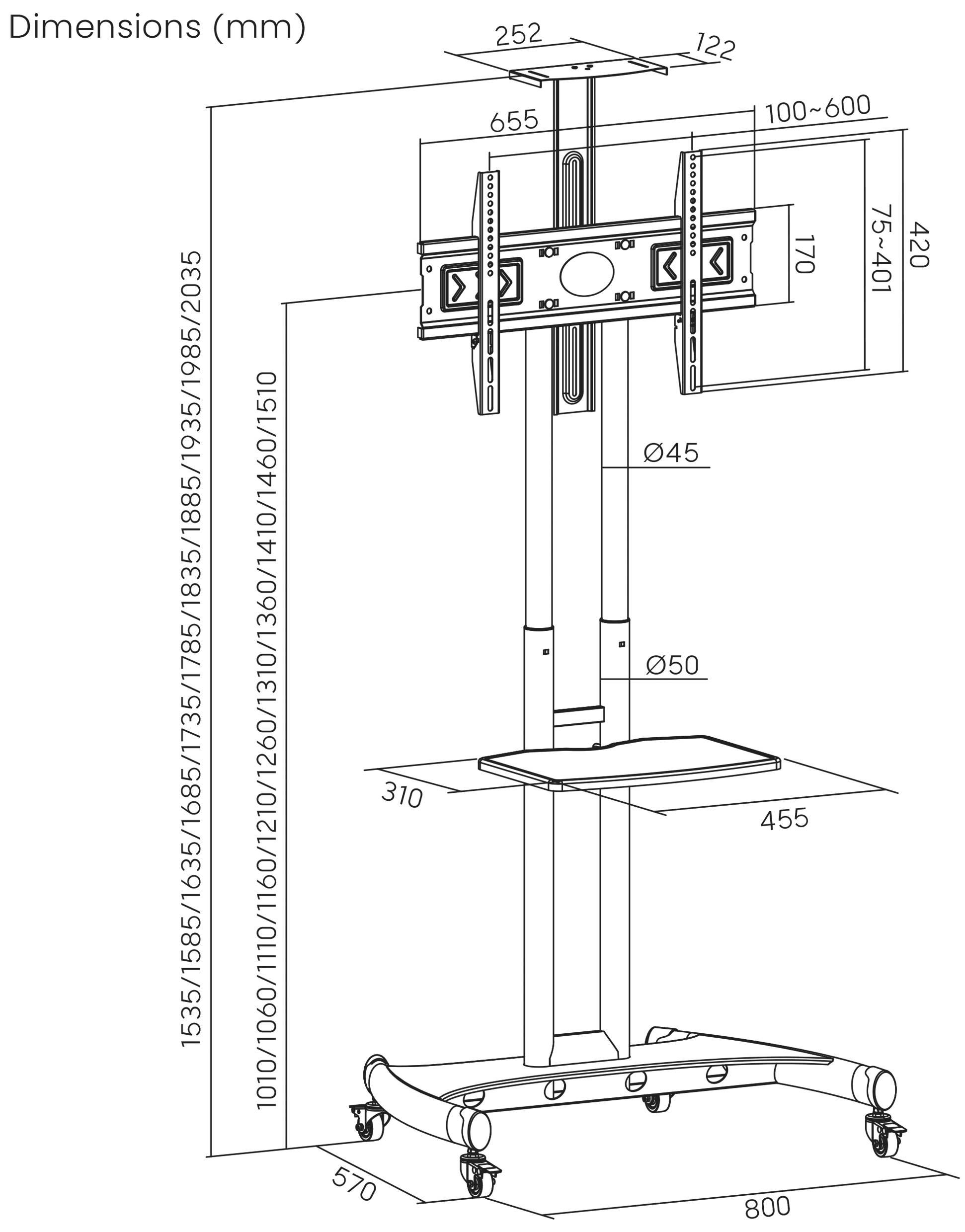 SpeaKa Professional SP-TVC-710 TV-Rollwagen 81,3cm (32") - 190,5cm (75") Bodenständer, Höhenverstellbar, Schwenkbar