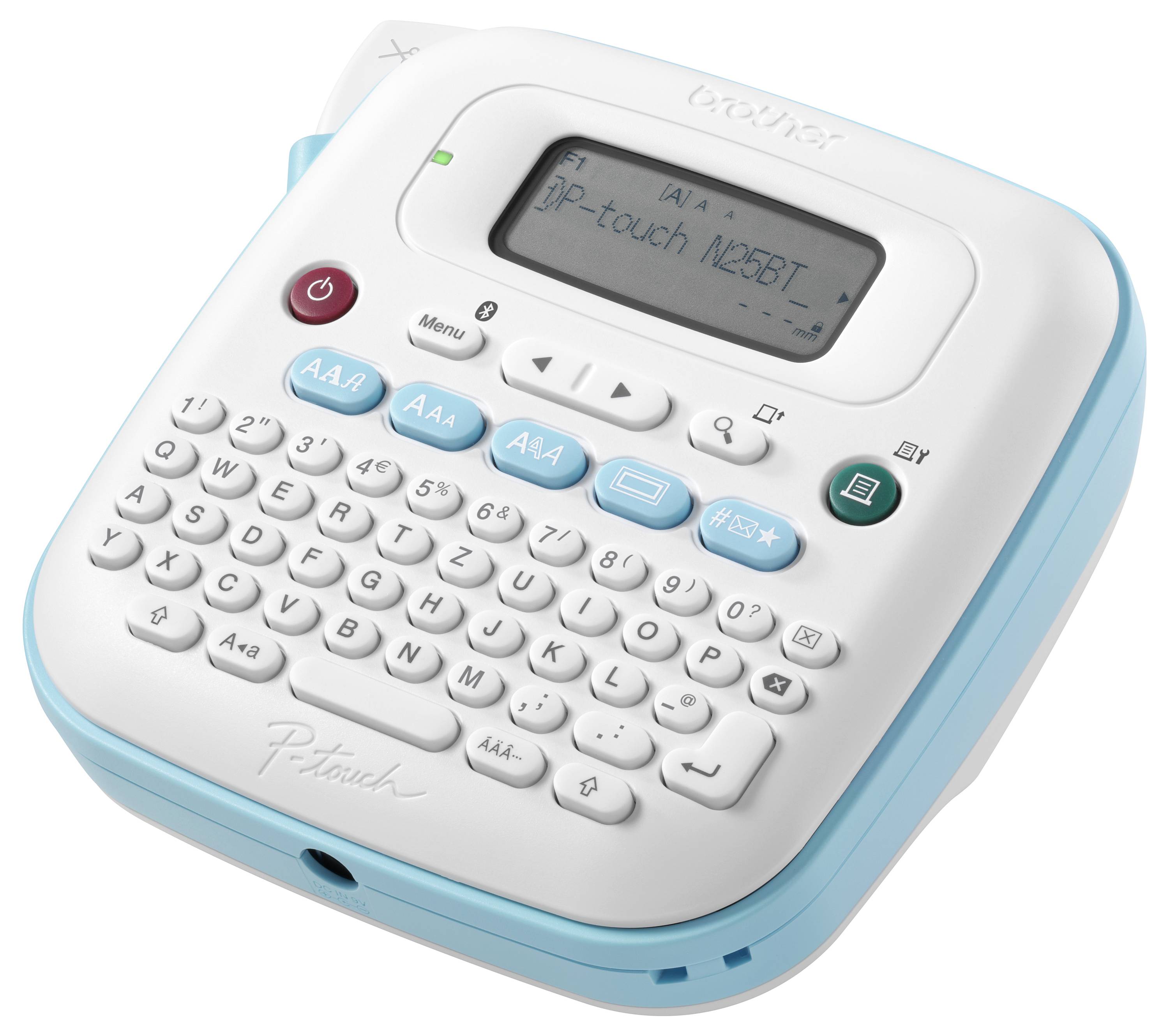 Ein tragbares Beschriftungsgerät mit QWERTZ-Tastatur und Display zeigt 'P-touch M25BT' auf dem Bildschirm.