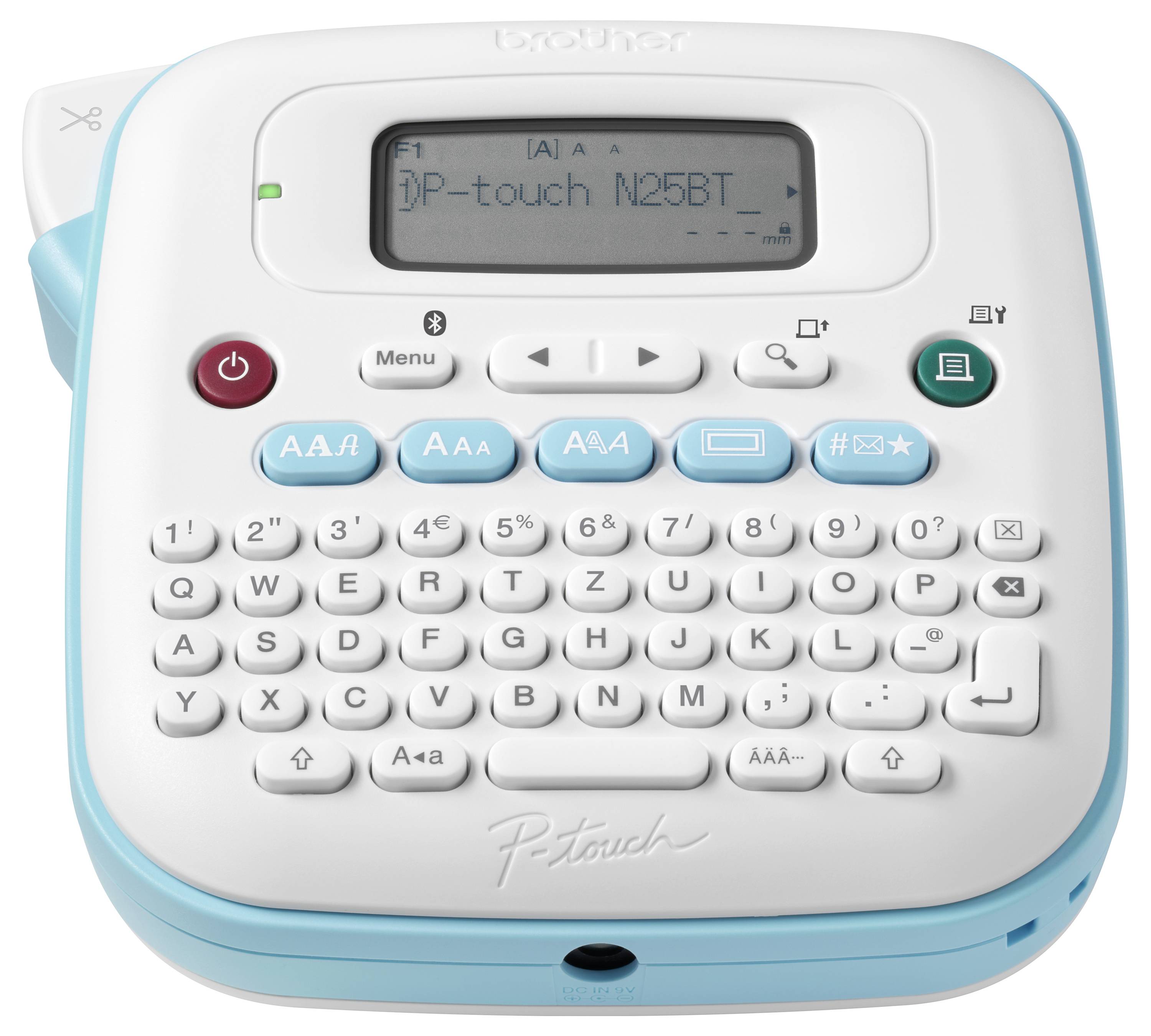 Elektronisches Beschriftungsgerät mit LCD-Display, Tastatur und Tasten für Schriftformate. Hauptfarbe Weiß mit blauen Akzenten.