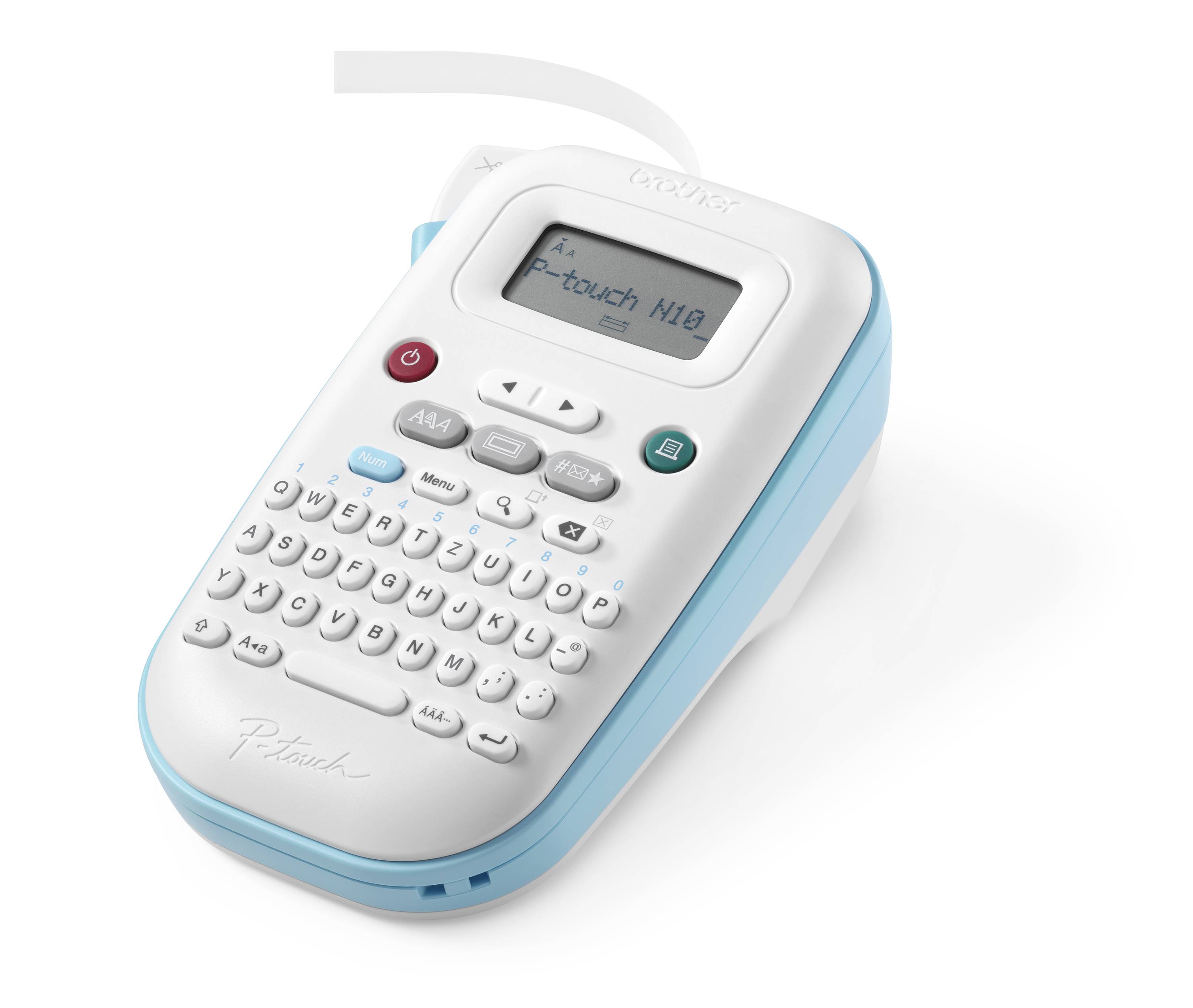 Ein weißes und blaues Etikettiergerät mit Bildschirm, Tastenfeld und QWERTZ-Tastatur, zeigt 'P-touch N10' auf dem Display an.