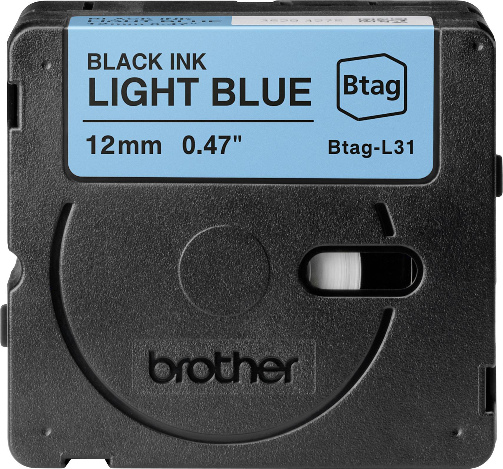 Eine blaue Etikettenkassette von Brother, 12 mm breit, mit schwarzer Tinte für Etikettiergeräte. Modell Btag-L31.
