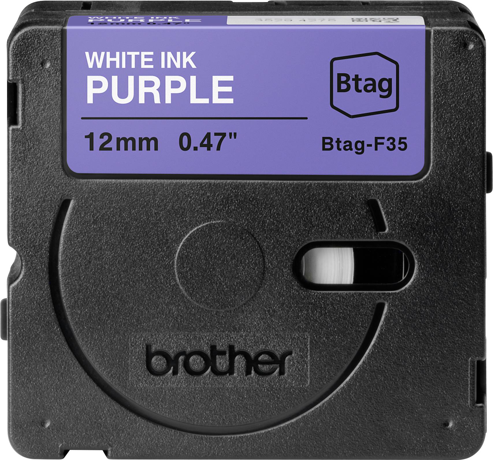 'Brother Btag-F35' Etikettenkassette, lila mit weißer Schrift, 12mm Breite.