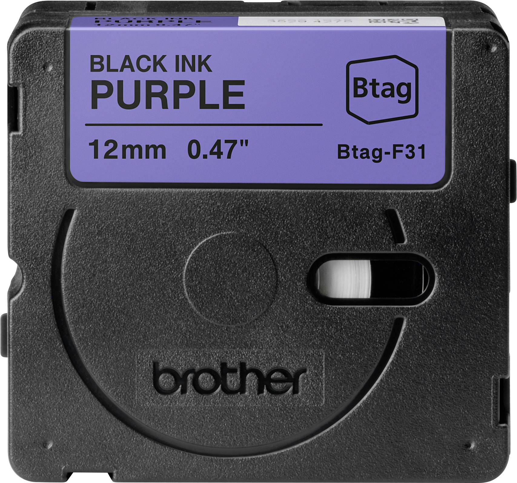 Schwarzes Farbband mit lila Etiketttext: 'BLACK INK PURPLE 12mm 0.47