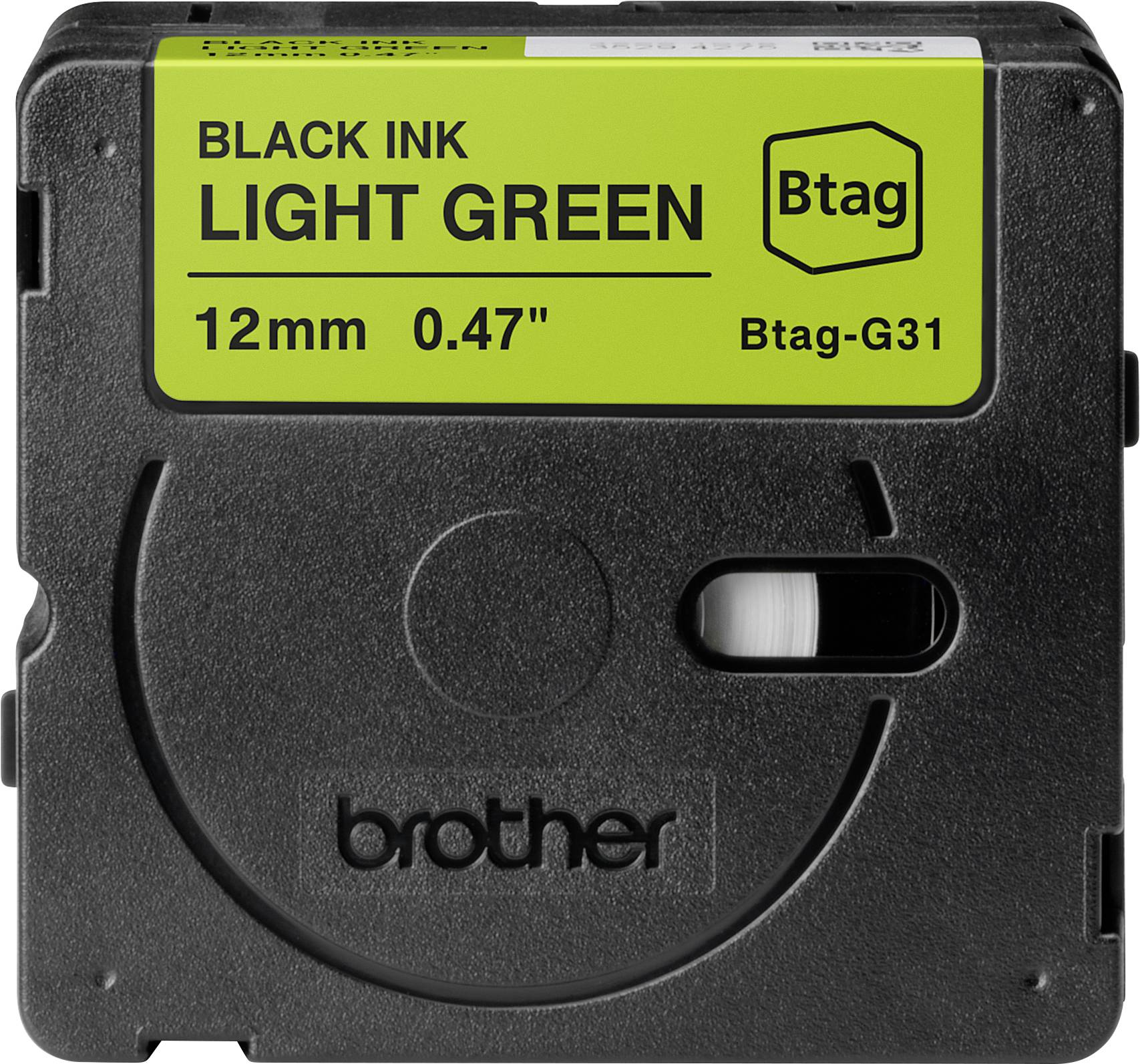 Eine schwarze Tintenbandkassette mit einem hellgrünen Etikett, das Angaben zur Breite '12mm 0,47