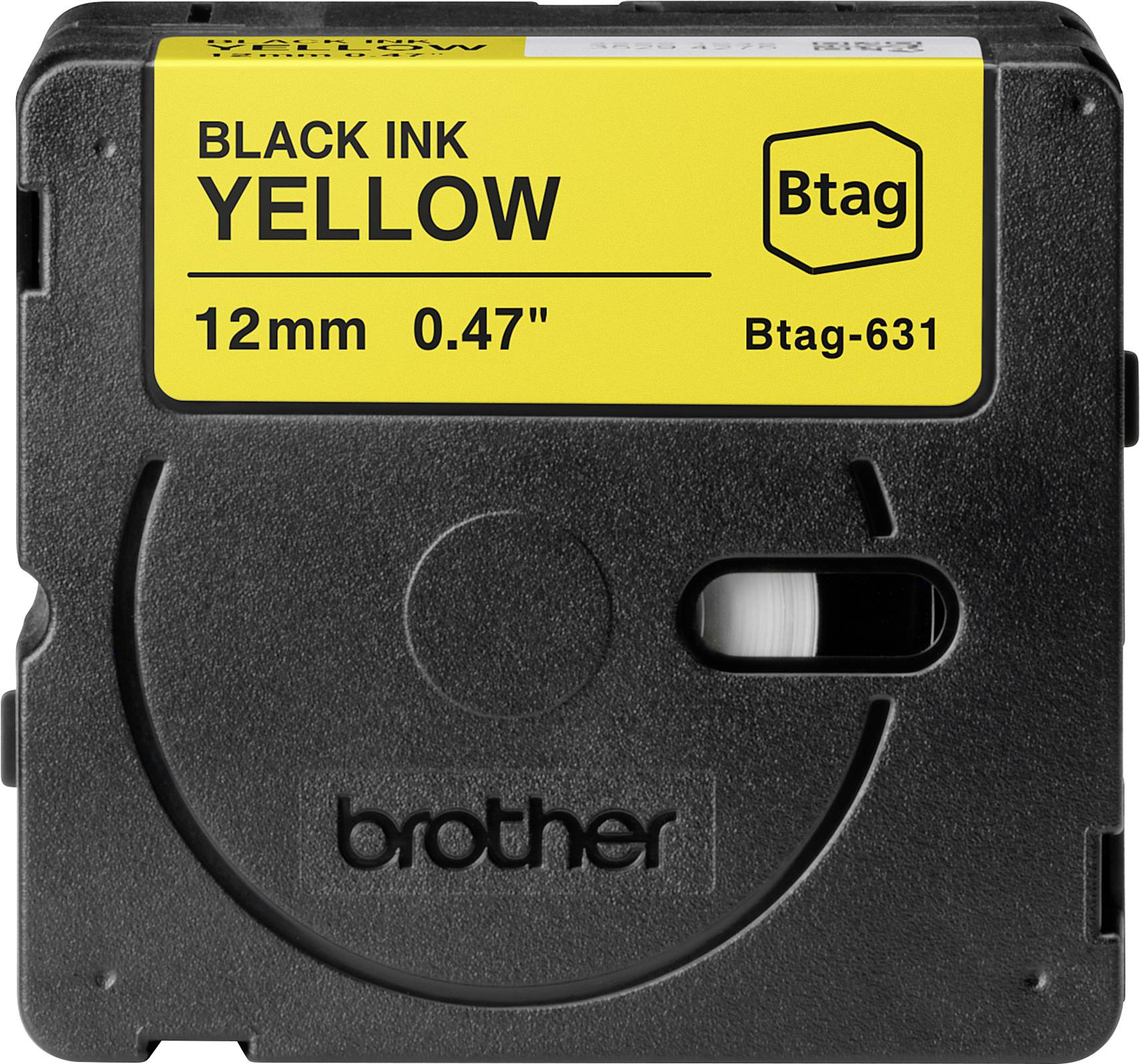 Etikettenkassette in Gelb mit schwarzer Schrift, 'BLACK INK YELLOW, 12mm 0.47” Btag-631', für Brother-Etikettendrucker.