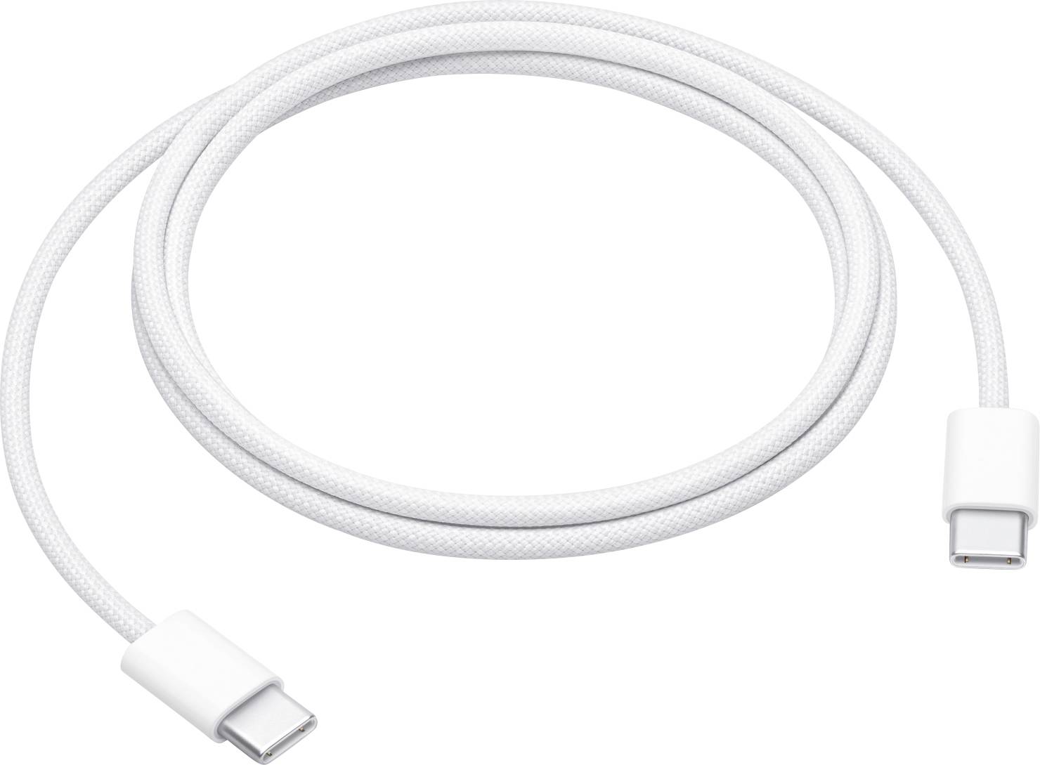 Ein weißes USB-C-auf-USB-C-Ladekabel mit geflochtenem Design, geeignet zum Aufladen und zur Datenübertragung zwischen kompatiblen Geräten.