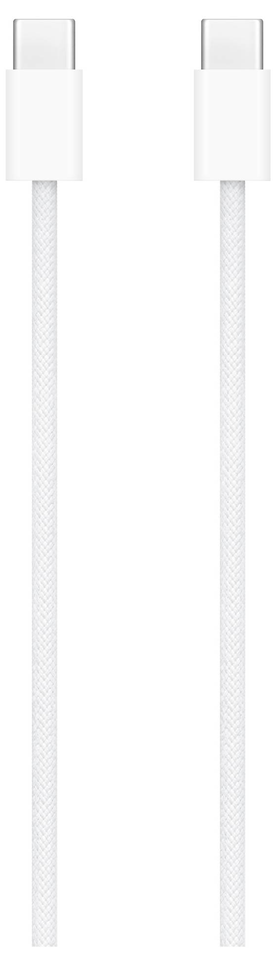 Weißes USB-C-auf-USB-C-Kabel, symmetrisch angeordnet.