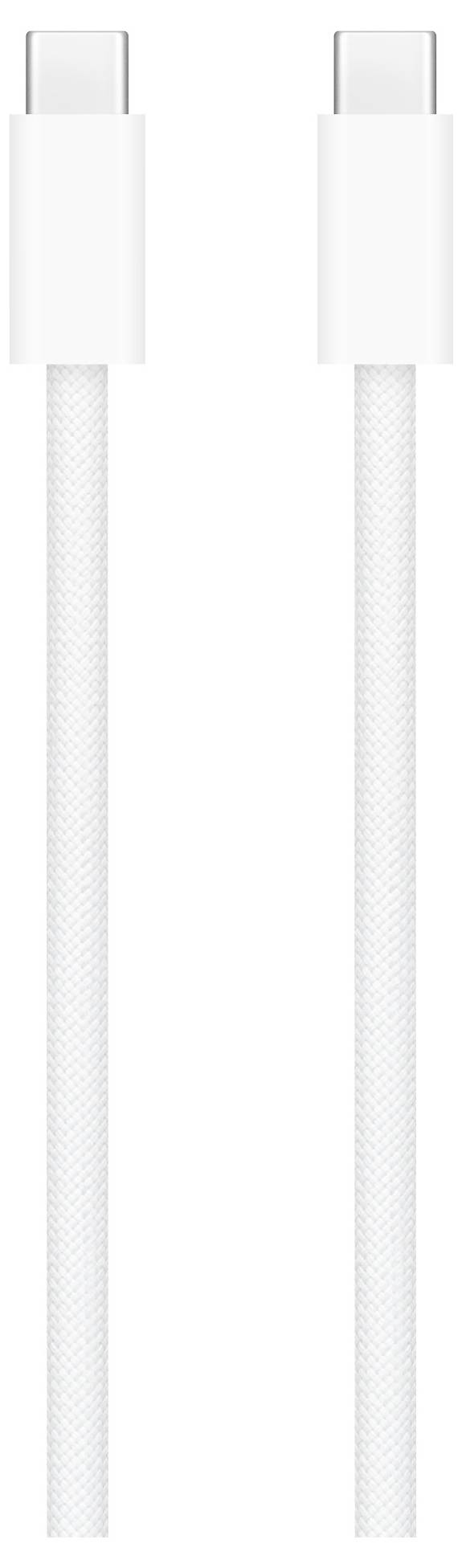 Ein weißes USB-C-auf-USB-C-Kabel mit geflochtener Ummantelung und silberfarbenen Steckern, flach auf einem weißen Hintergrund liegend.