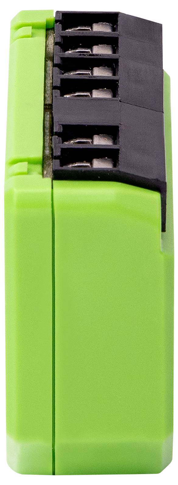 Ein grünes elektronisches Gerät mit schwarzen Anschlussklemmen oben, verwendet in industriellen oder technischen Anwendungen.