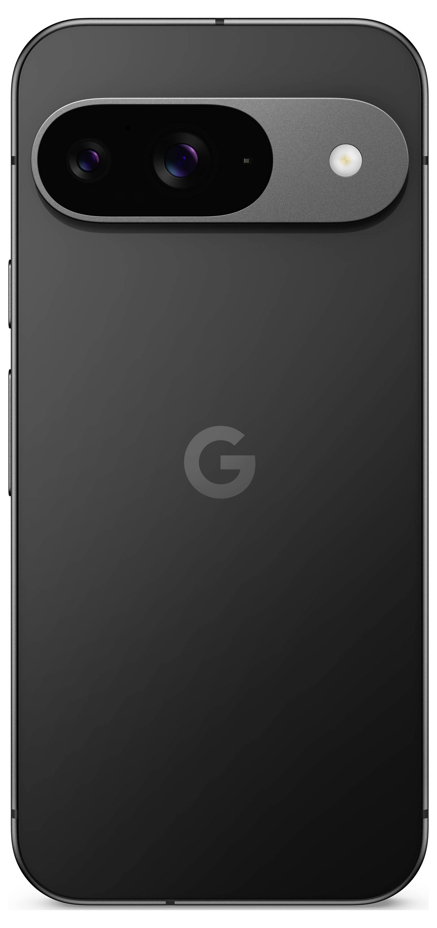 Ein schwarzes Smartphone mit dualen Kameras und Blitz auf der Rückseite. Ein 'G'-Logo ist in der Mitte sichtbar.