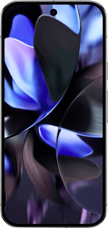 Ein Smartphone mit einem Display, auf dem ein abstraktes Design aus blauen und schwarzen Formen zu sehen ist.