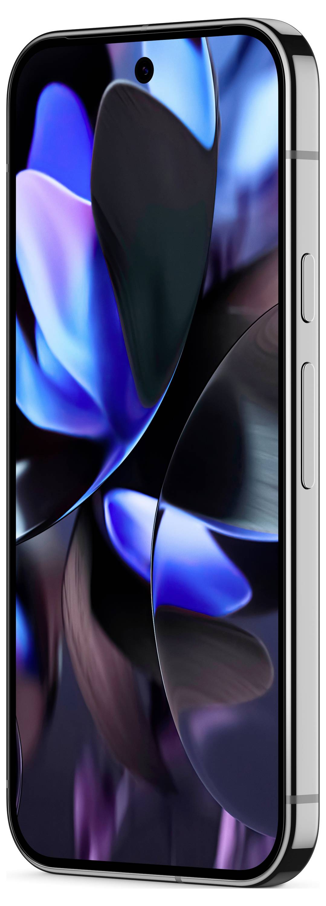 Smartphone mit modernem Design; Silberrahmen, großes Display mit abstraktem blauen Muster; seitliche Tasten sichtbar.