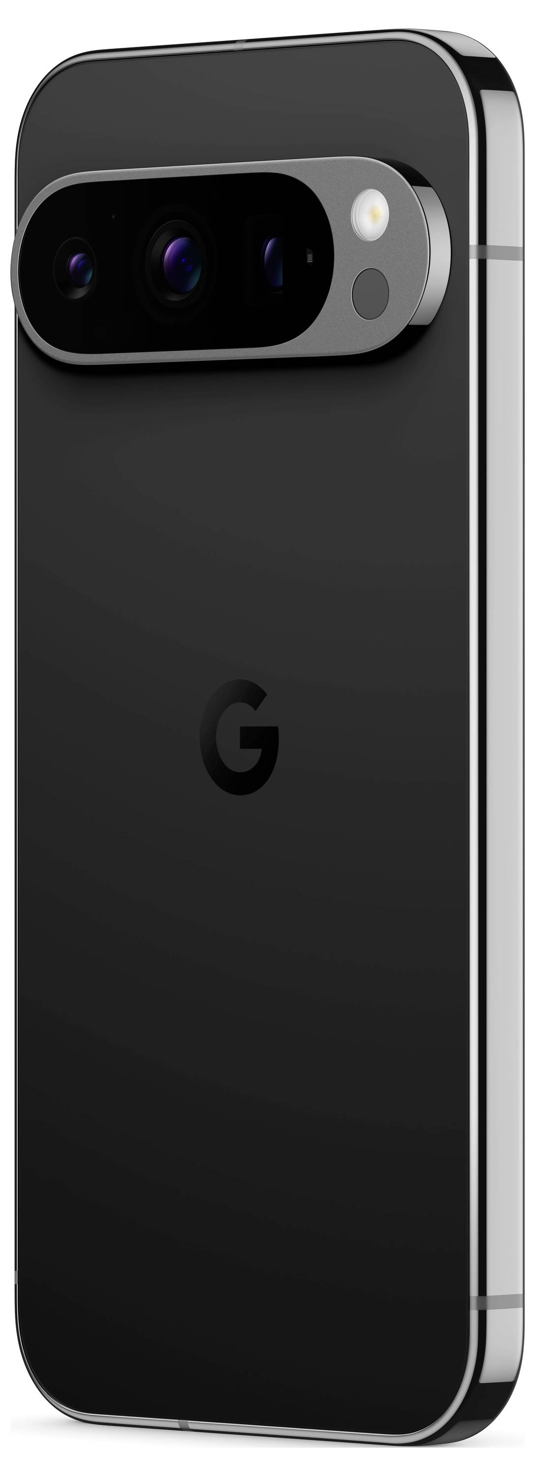 Schwarzes Smartphone mit glänzendem Gehäuse, vertikal ausgerichtet. Rückseite zeigt Kameramodul mit mehreren Linsen oben.