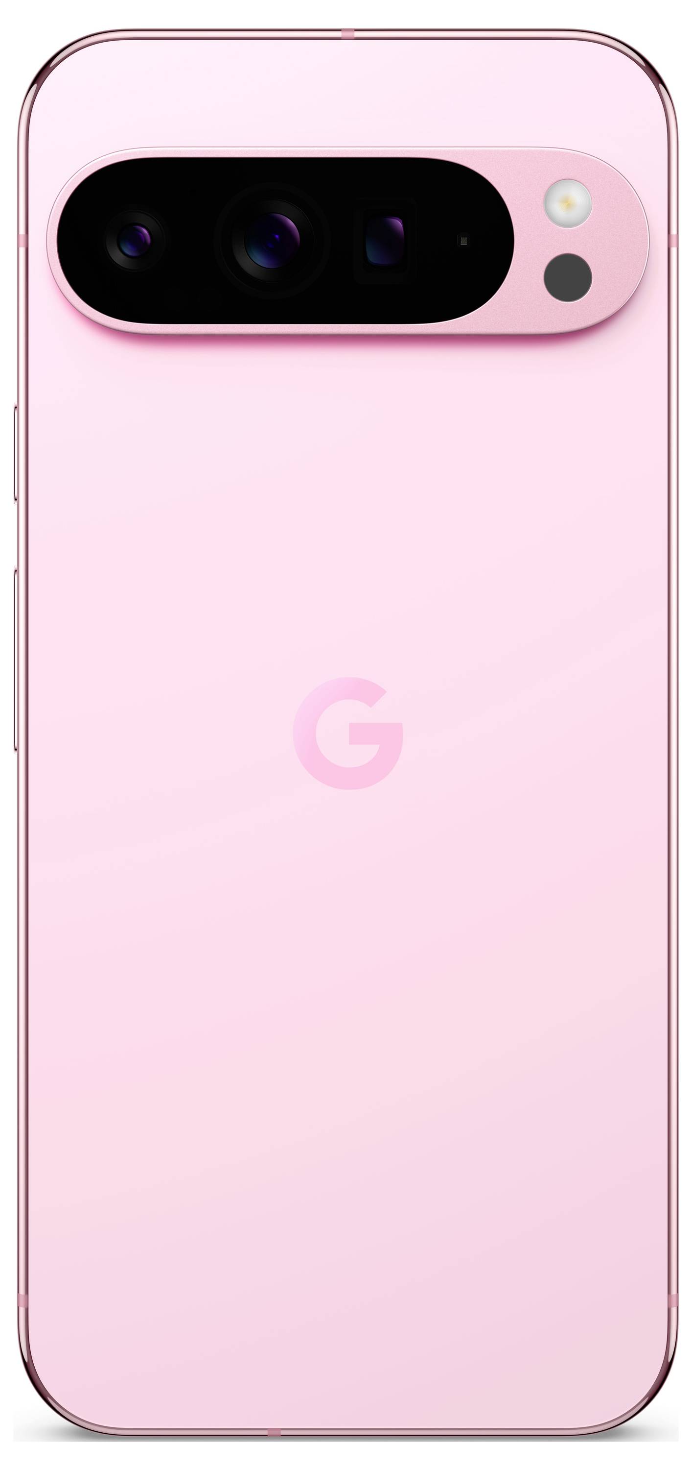 Rosa Smartphone-Rückseite mit Kamera und Blitz oben links. Ein 'G'-Logo ist in der Mitte sichtbar.