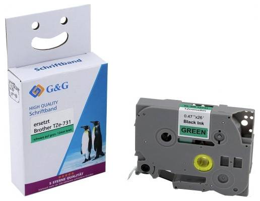 'Druckerband-Verpackung neben Druckkassette. Verpackung zeigt Pinguinbild und Text: 'ersetzt Brother TZe-731'. Kassette mit schwarzer Tinte.'