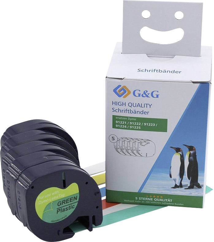 Eine Packung mit fünf schwarzen Schriftbändern für den Drucker, mit Pinguinbild und der Aufschrift 'High Quality Schriftbänder'.