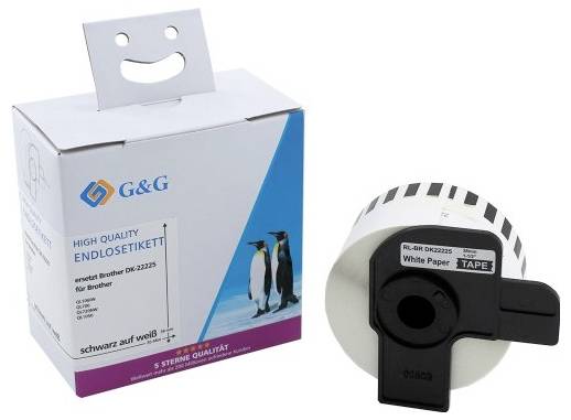 Auf dem Bild ist eine Endlosetikettenrolle und eine Verpackung mit Pinguin-Motiv und der Aufschrift 'High Quality Endlosetikett'.