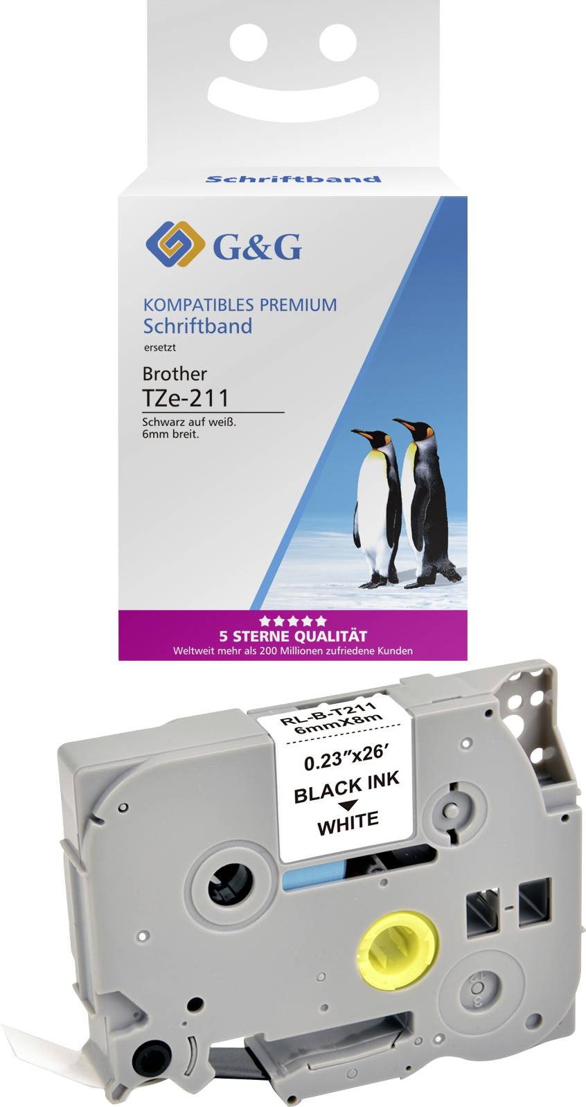 Kombipackung für ein Schriftband mit Pinguinabbildung. Enthält ein TZe-211 Band von Brother in Schwarz auf Weiß.